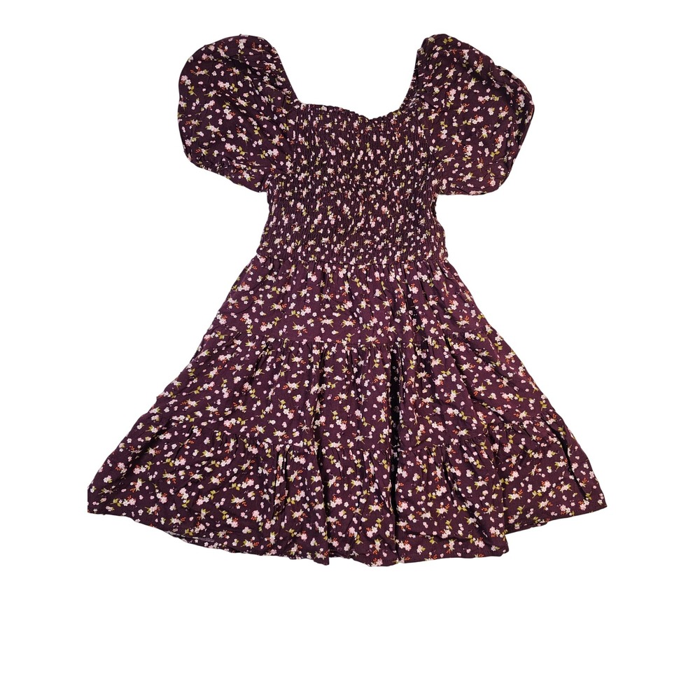Heart and Arrow Girls Floral Smocked Puff Sleeve Tiered DressPlum Burgundy Sz 10